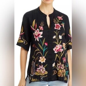 Johnny Was Black Top with Floral Embroidery size S